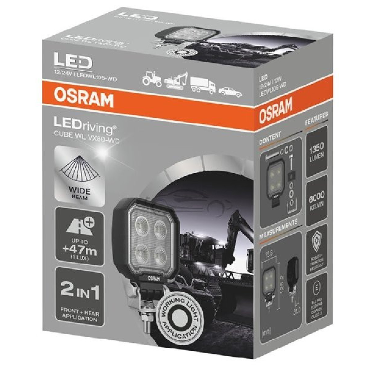 Osram LEDriving® cube light, WL VX80-WD 12/24V 12W 47m, long beam, 1350lm