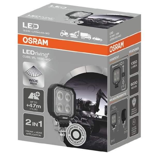 Osram LEDriving® cube light, WL VX80-WD 12/24V 12W 47m, long beam, 1350lm
