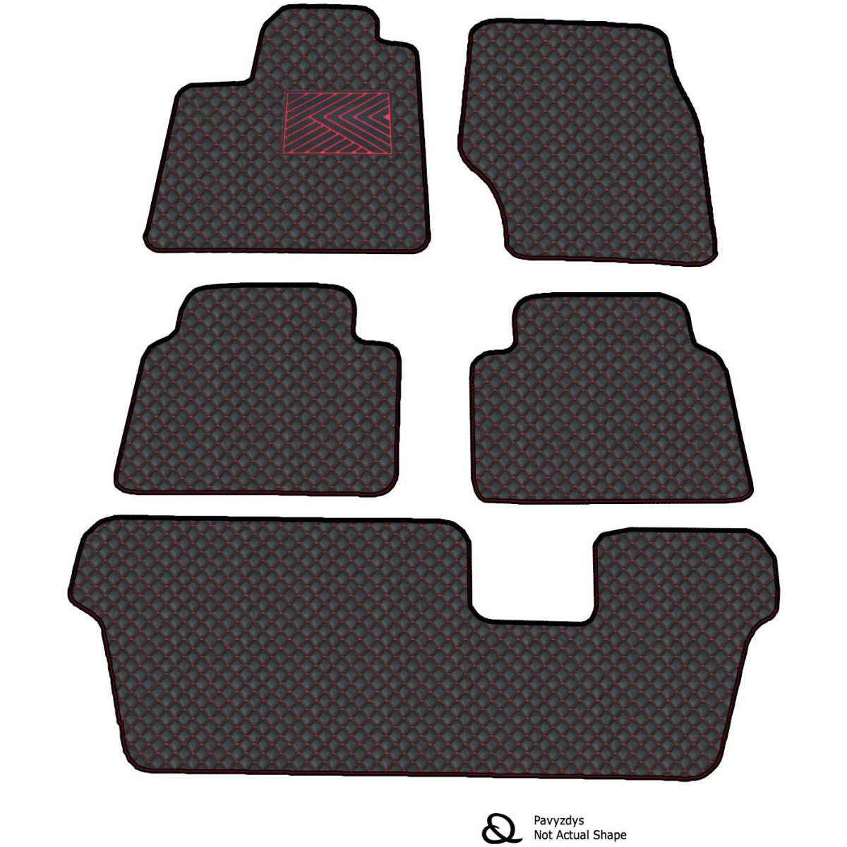 Eco leather mats QuiltyMats PEUGEOT TRAVELLER from 2024 (I, II and III eilės) (Black / red stitching)