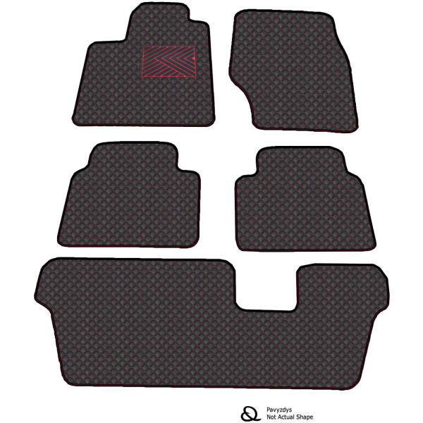 Eco leather mats QuiltyMats PEUGEOT TRAVELLER from 2024 (I, II and III eilės) (Black / red stitching)