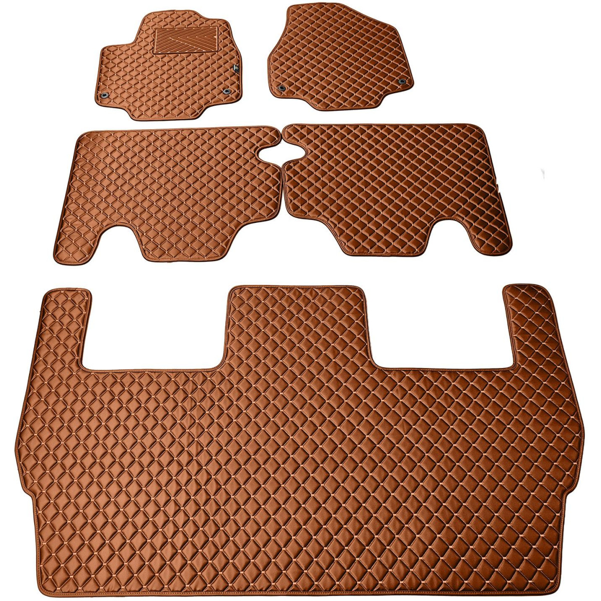 Eco leather mats QuiltyMats CHRYSLER PACIFICA from 2016 (I, II and III eilės, 5 pcs) (Brown / brown stitching)