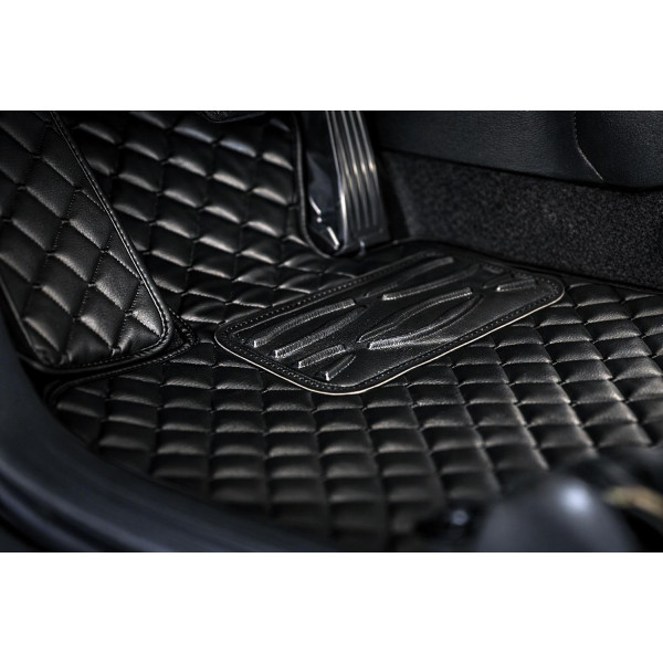 Eco leather mats QuiltyMats VOLKSWAGEN T5 CARAVELLE 2003-2015 (I, II and III eilės and bag., prailginta 8v.) (Black / black stitching)