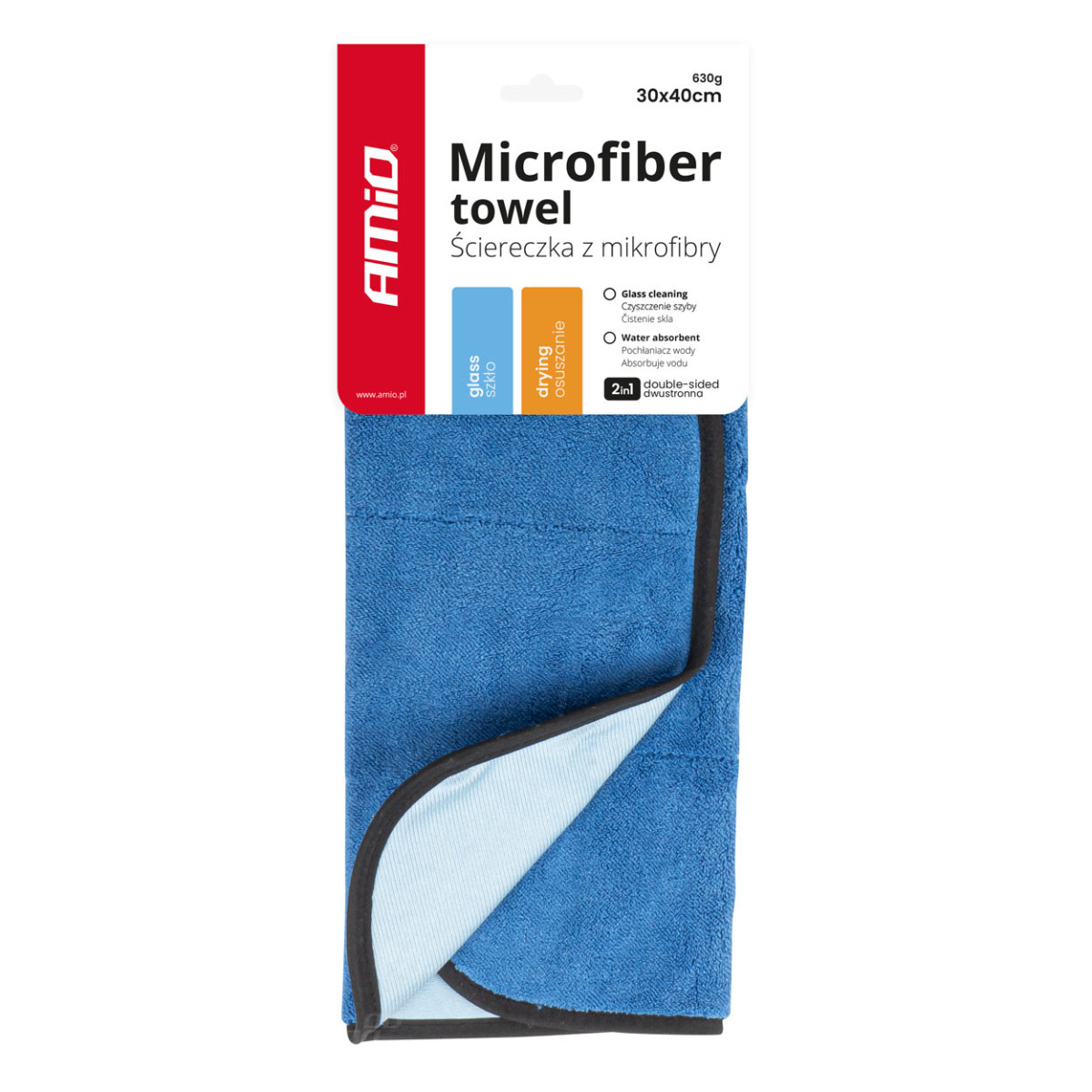 Microfiber towel 2in1 - for glass and drying 30x40 cm, 630 gsm, AMIO-03746