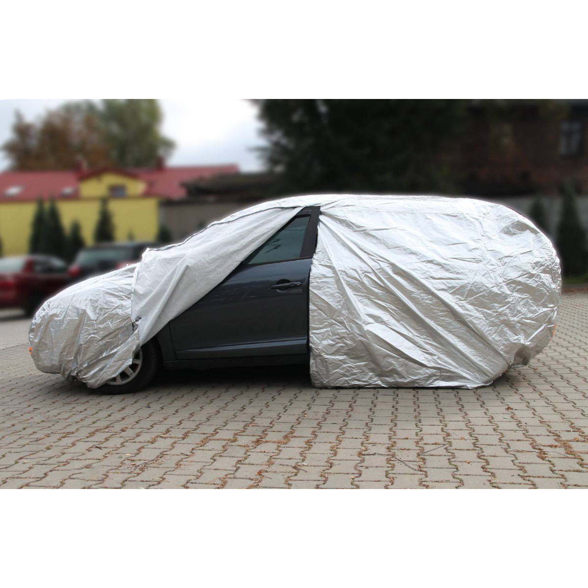 Aluminum car cover L, with zipper, reflective, 120 g/m² + cotton, silver color, 480 x 180 x 120 cm