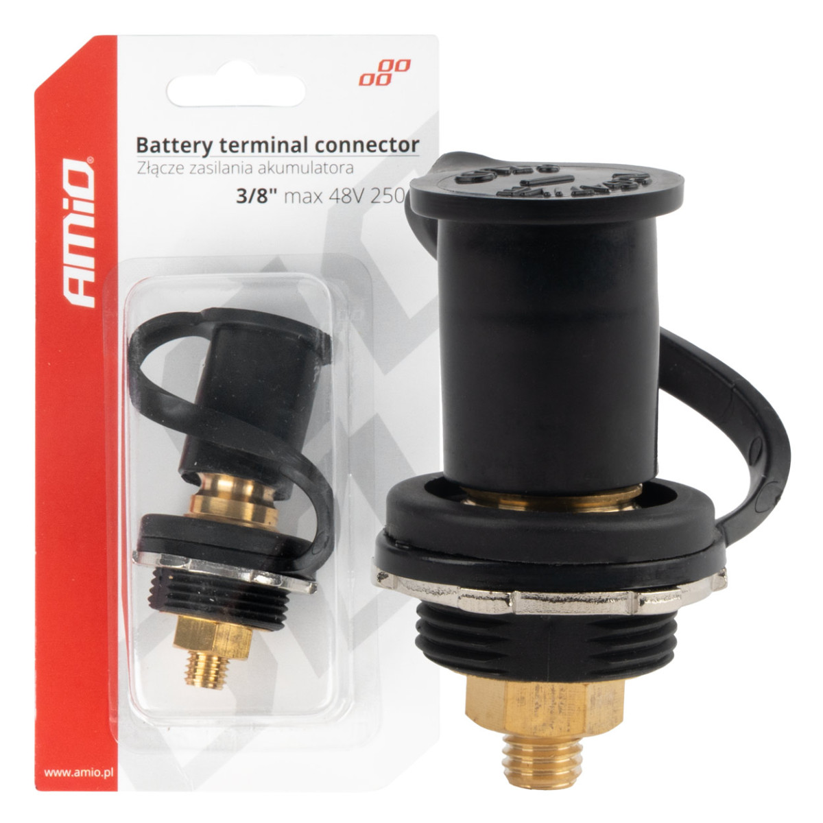 Black negative battery power connector with cap 3/8 M10 12/24/48V 250A, AMIO-03813