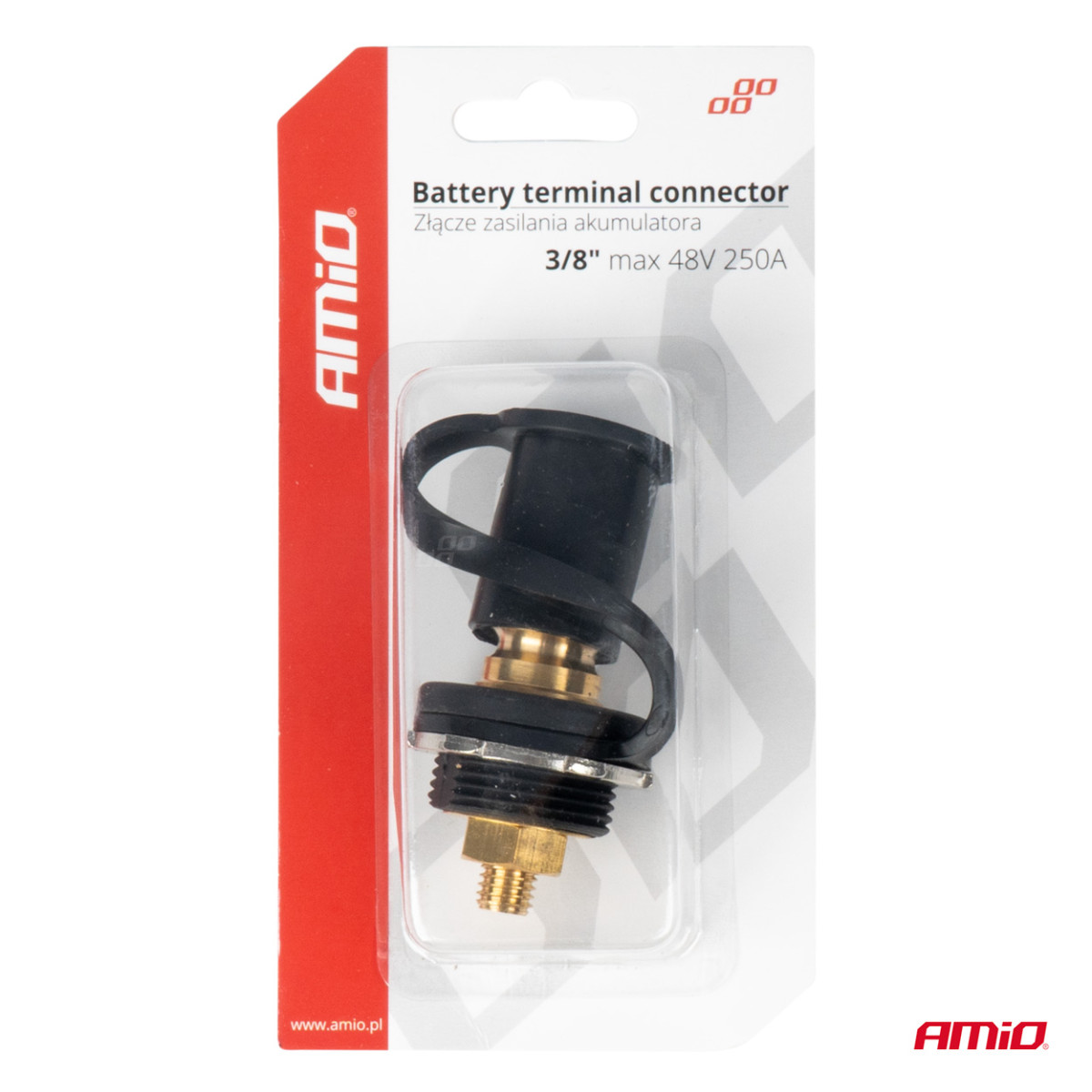 Black negative battery power connector with cap 3/8 M10 12/24/48V 250A, AMIO-03813
