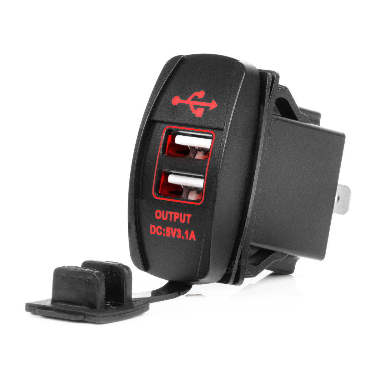 Waterproof phone charger with red LED lighting, 2xUSB 12/24V AMIO-04228
