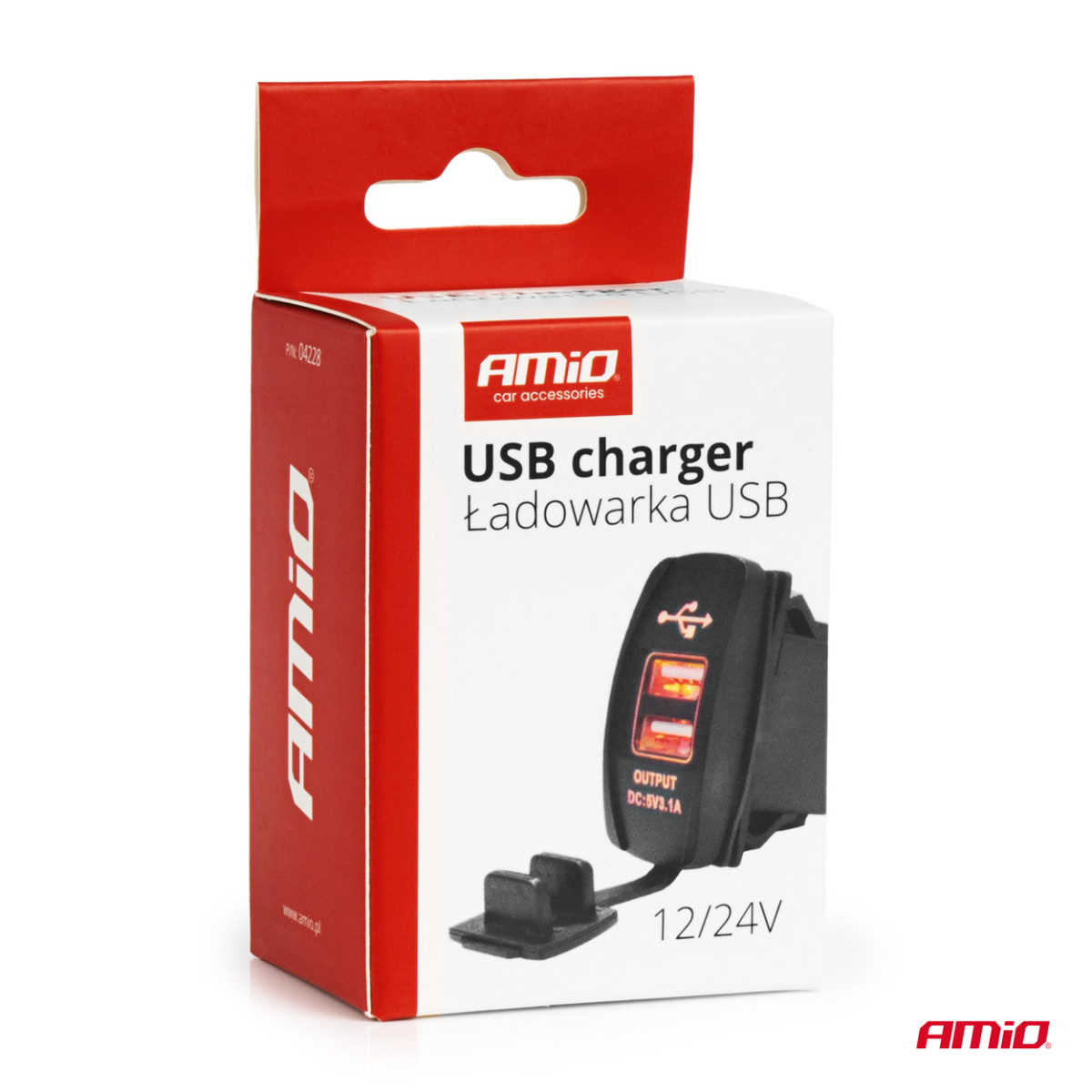 Waterproof phone charger with red LED lighting, 2xUSB 12/24V AMIO-04228