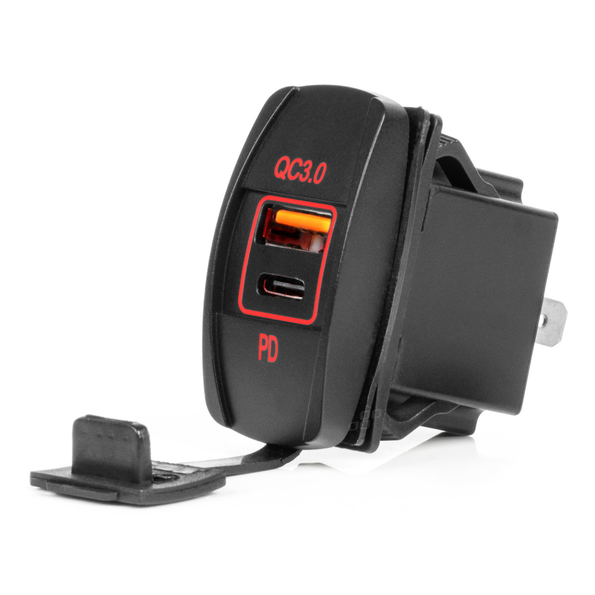 Waterproof phone charger with red LED lighting, USB + USB C QC3.0 12/24V AMIO-04229