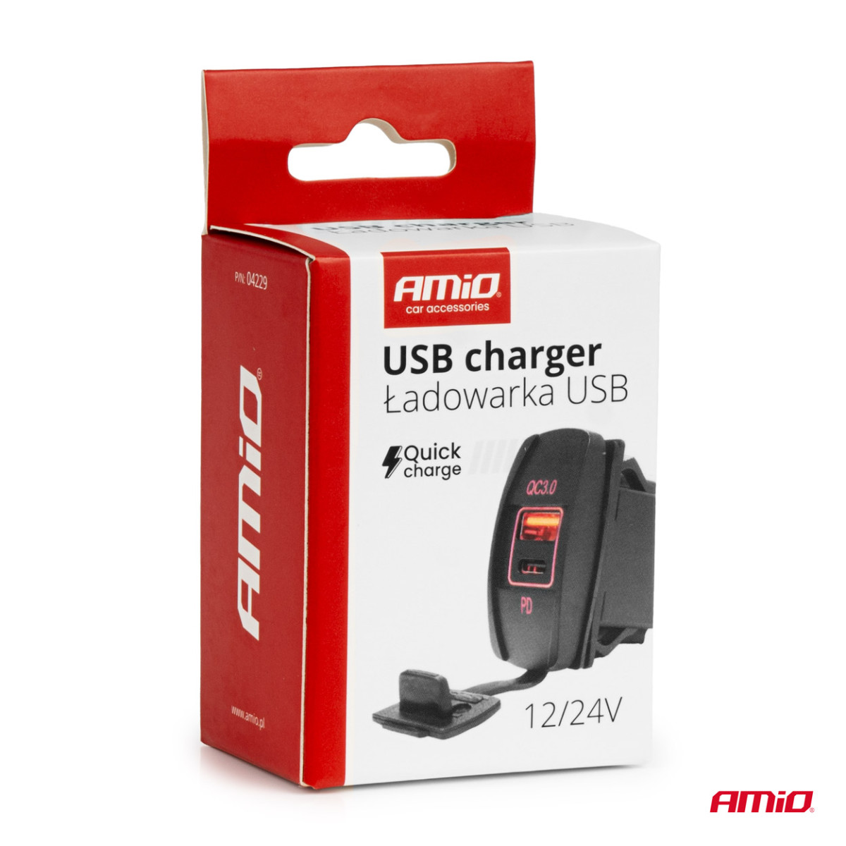 Waterproof phone charger with red LED lighting, USB + USB C QC3.0 12/24V AMIO-04229