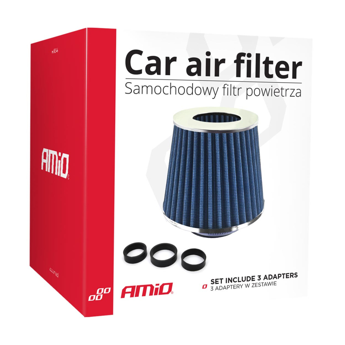 Conical air filter for car, universal, blue, with 3 adapters, AMIO-02458