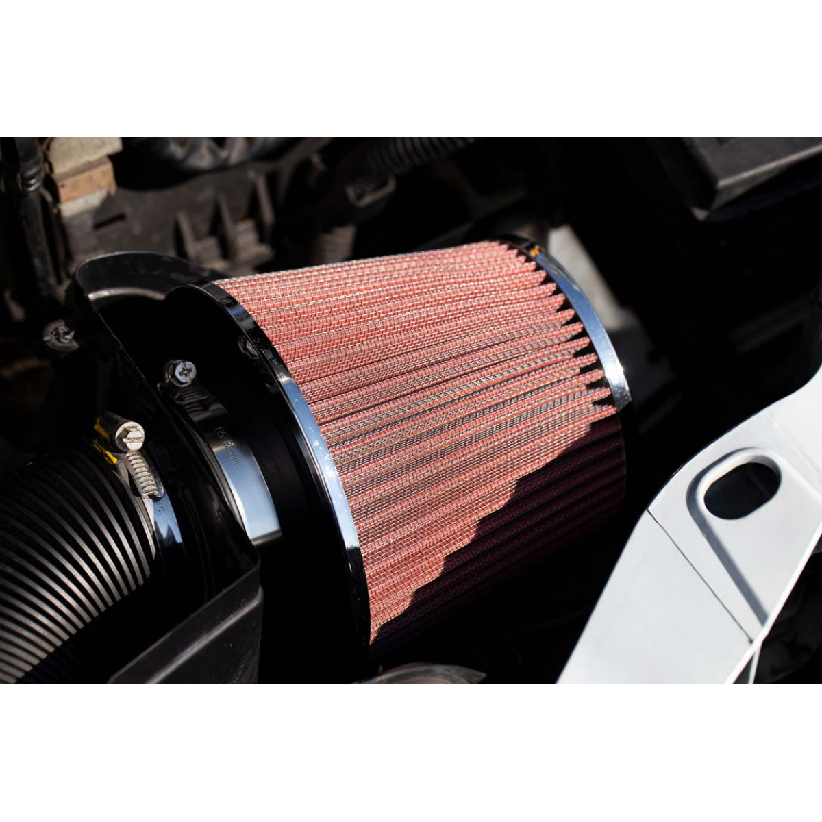 Conical air filter for car, universal, red/carbon, with 3 adapters, AMIO-01713