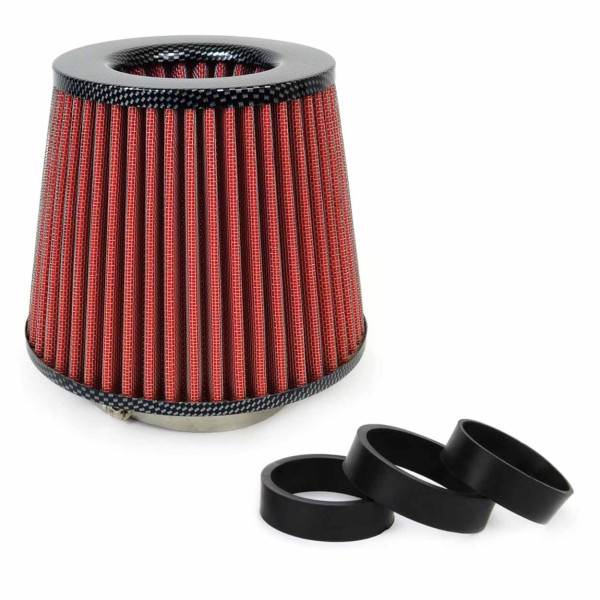 Conical air filter for car, universal, red/carbon, with 3 adapters, AMIO-01713