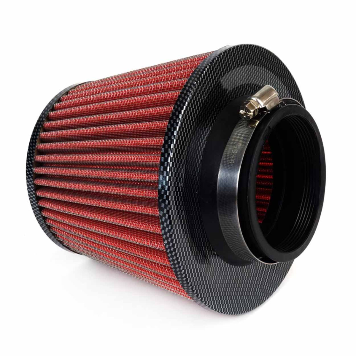 Conical air filter for car, universal, red/carbon, with 3 adapters, AMIO-01713