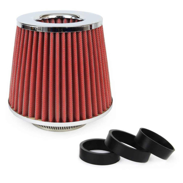 Conical air filter for car, universal, red/chrome, with 3 adapters, AMIO-01282