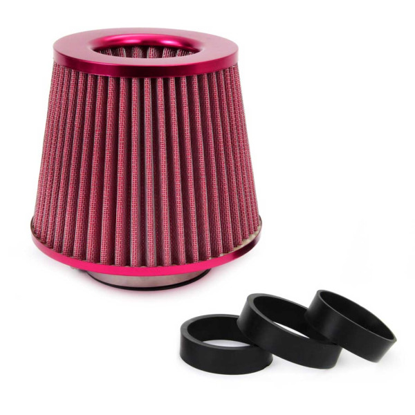 Conical air filter for car, universal, red, with 3 adapters, AMIO-01042