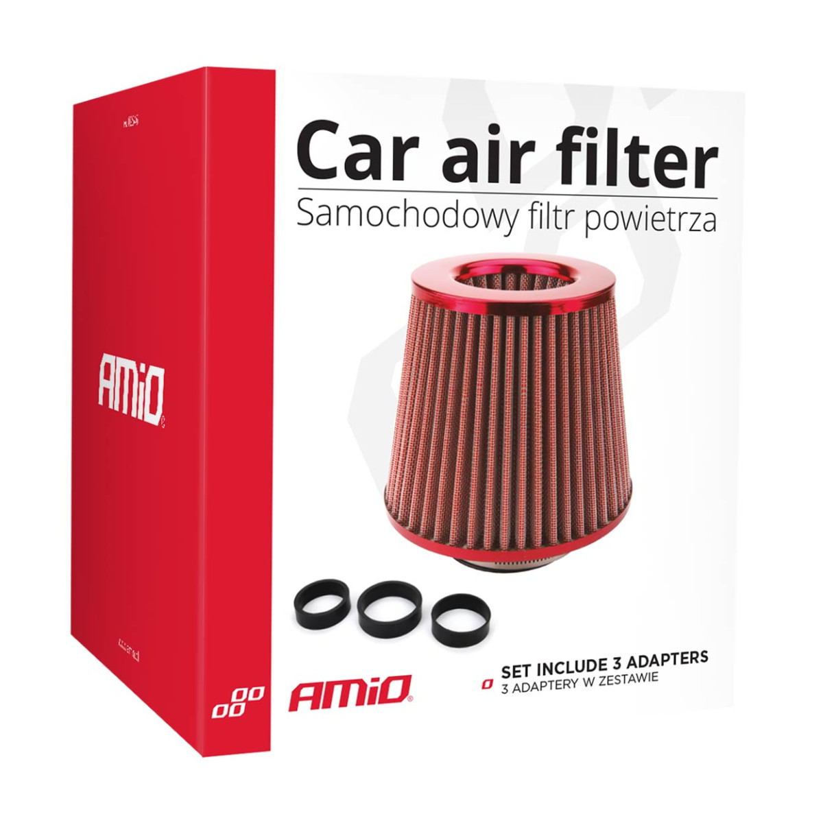 Conical air filter for car, universal, red, with 3 adapters, AMIO-01042