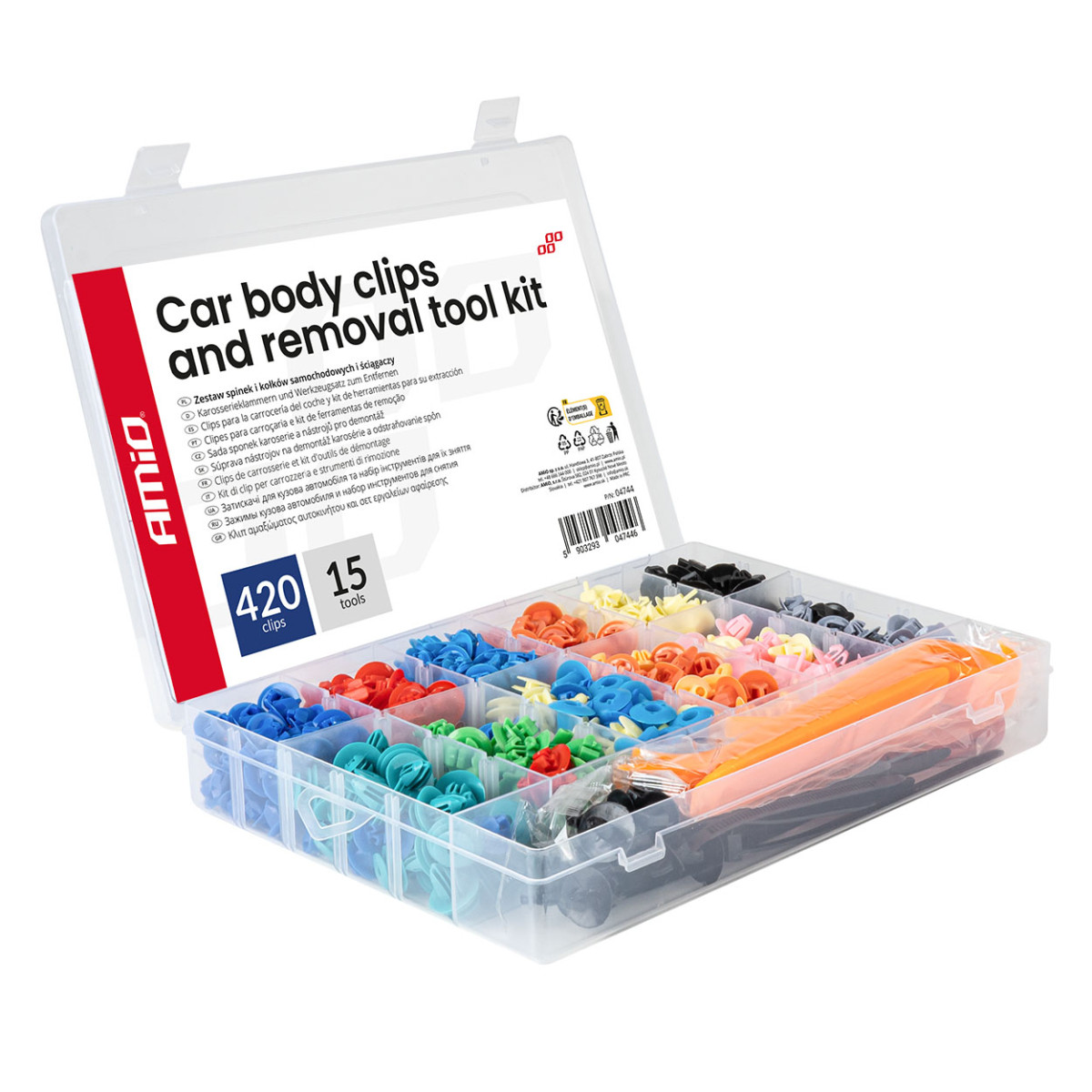 Automotive retaining pins and clips set with extractors, 420+15 pcs. AMIO-04744