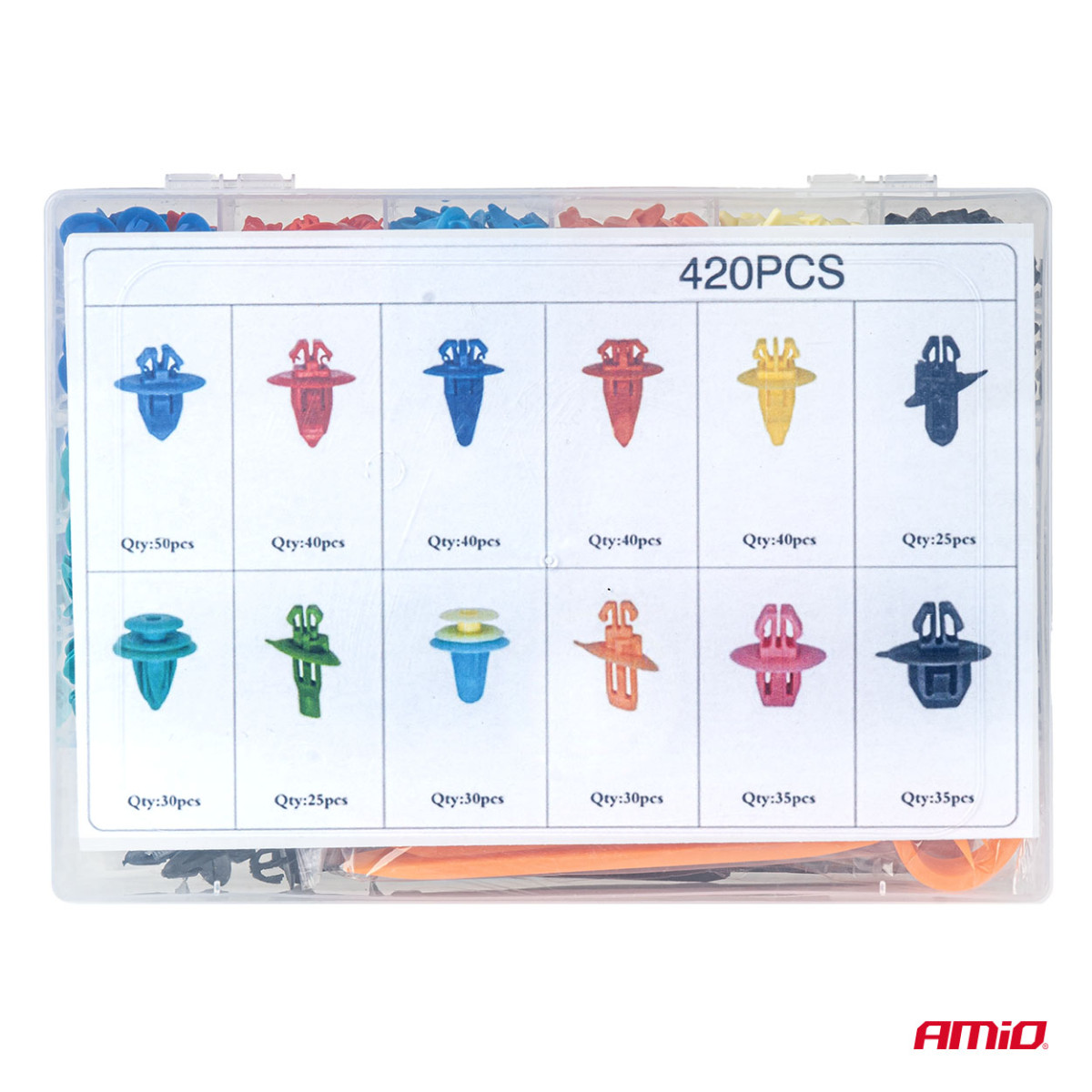 Automotive retaining pins and clips set with extractors, 420+15 pcs. AMIO-04744