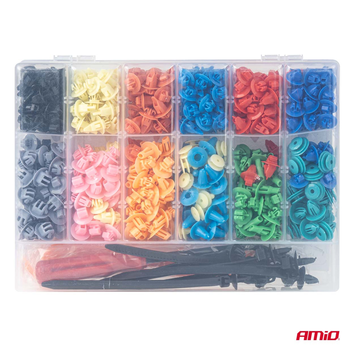 Automotive retaining pins and clips set with extractors, 420+15 pcs. AMIO-04744