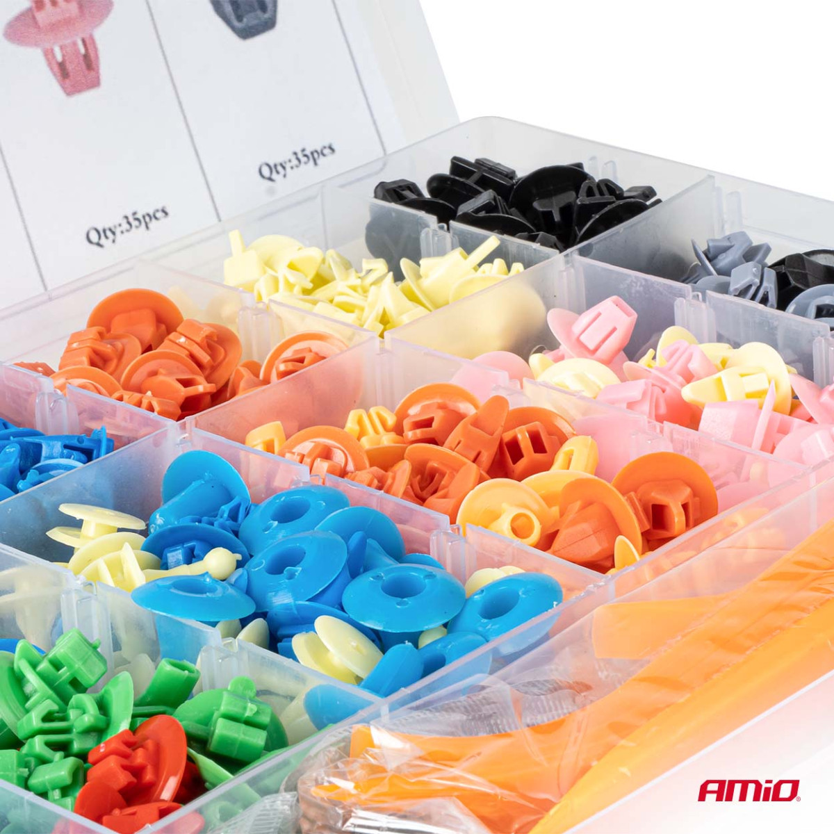 Automotive retaining pins and clips set with extractors, 420+15 pcs. AMIO-04744