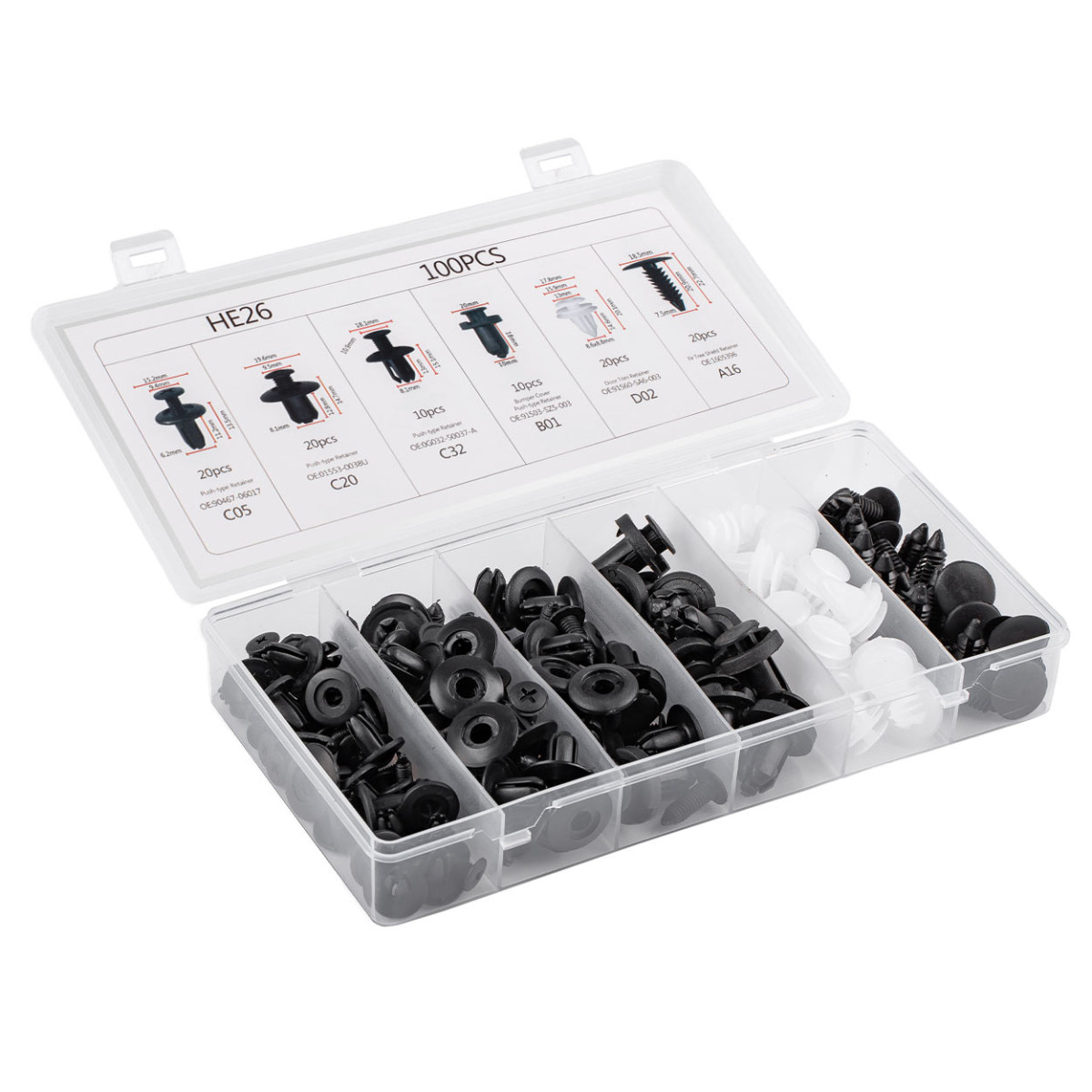 Set of automotive mounting pins and clips, 100 pcs., AMIO-02830