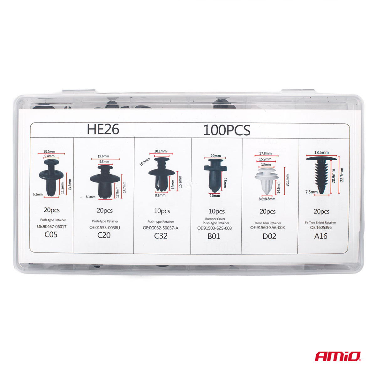 Set of automotive mounting pins and clips, 100 pcs., AMIO-02830