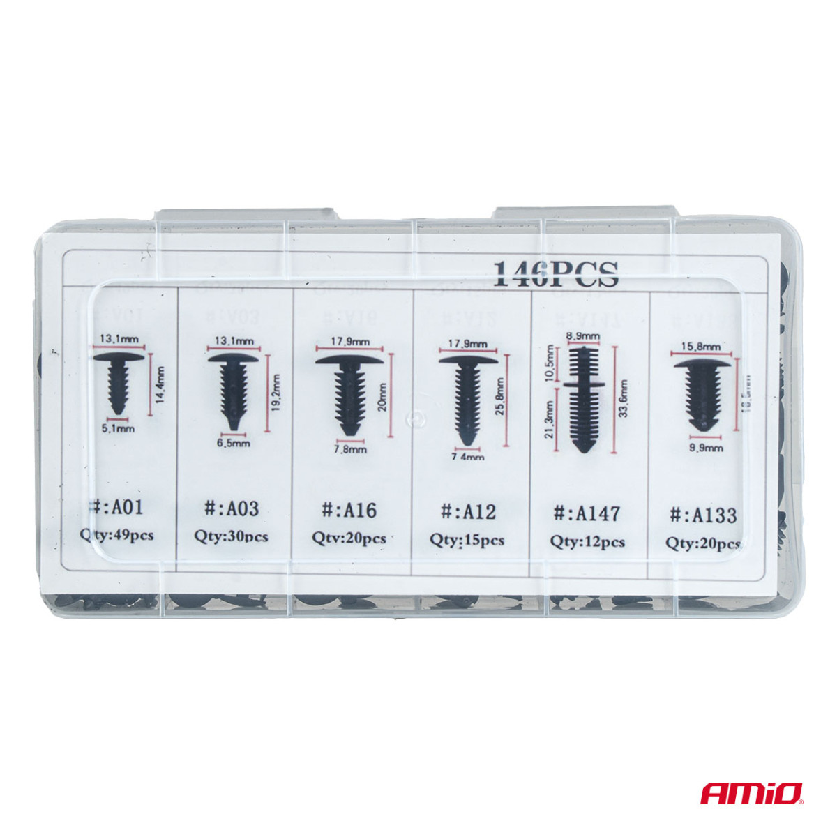 Automotive mounting pins and clips set, 146 pcs. AMIO-04735