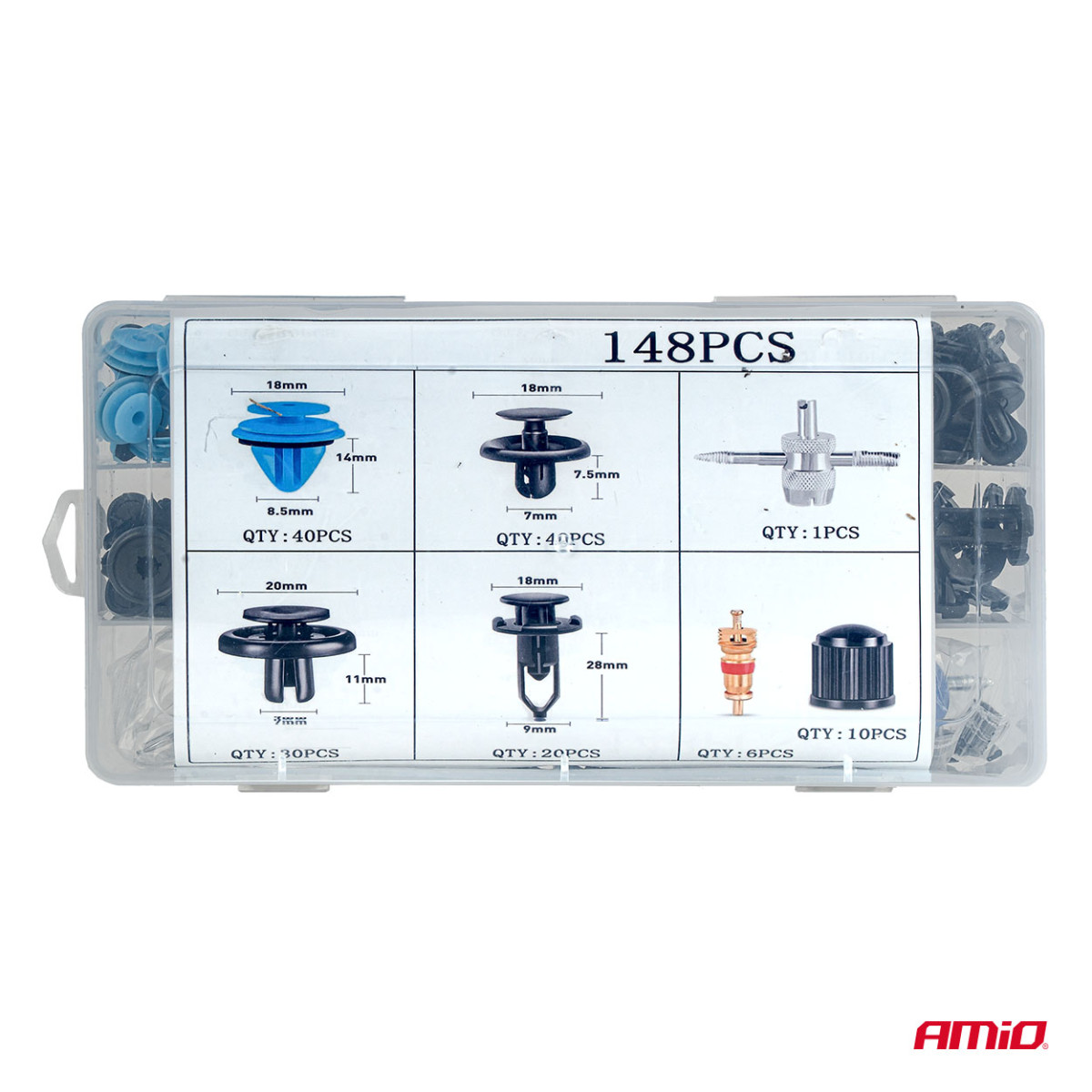 Automotive mounting pins and clips set, 148 pcs. AMIO-04741