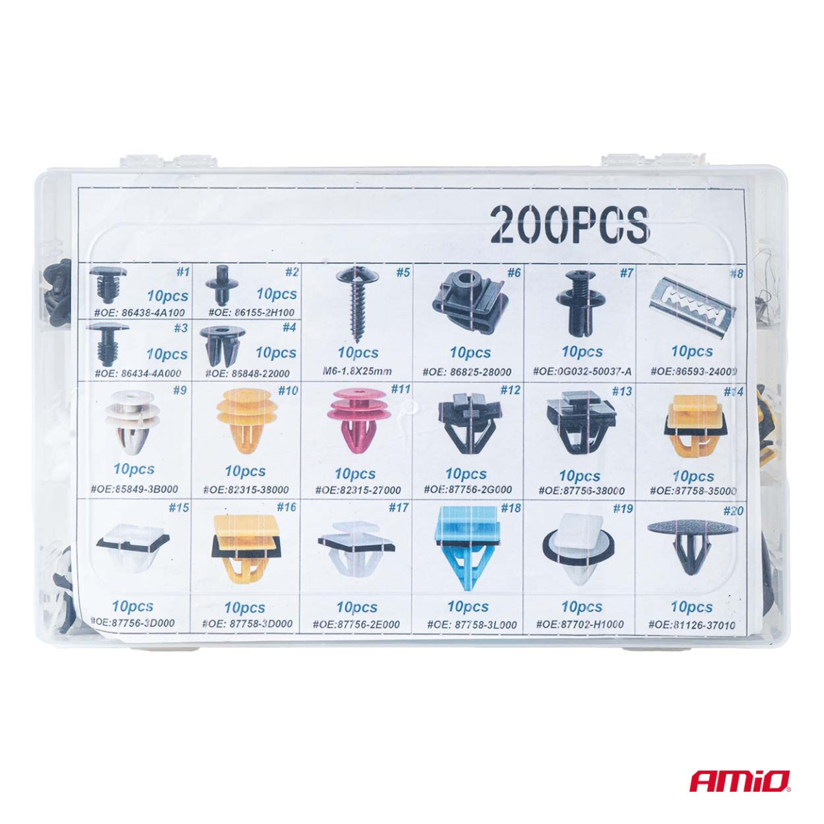 Set of automotive mounting pins and clips, 200 pcs. AMIO-04739