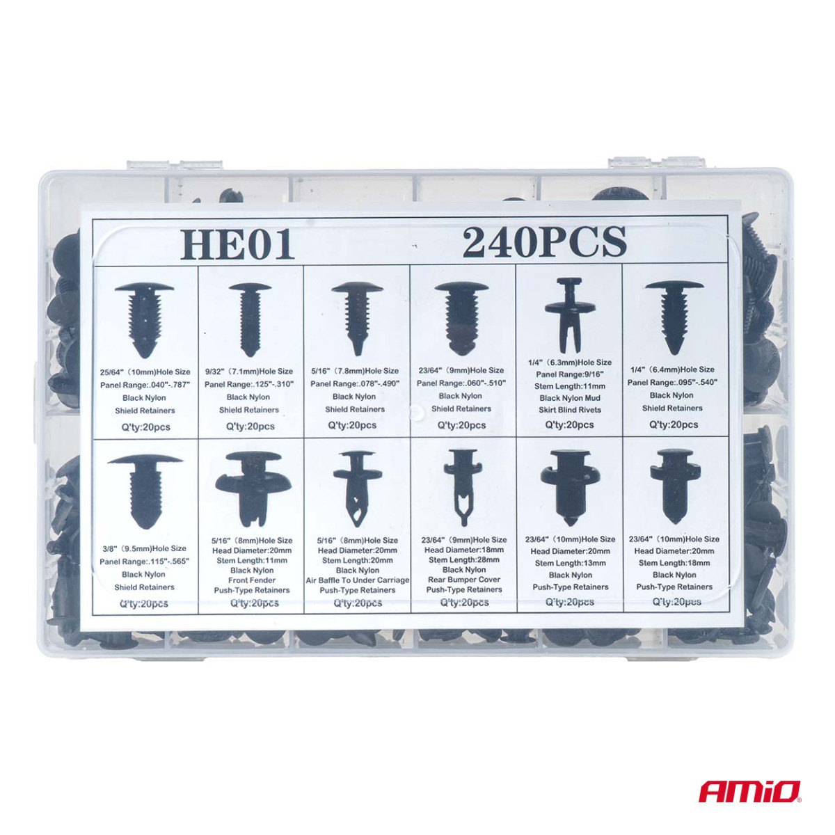 Set of automotive mounting pins and clips, 240 pcs. AMIO-04737