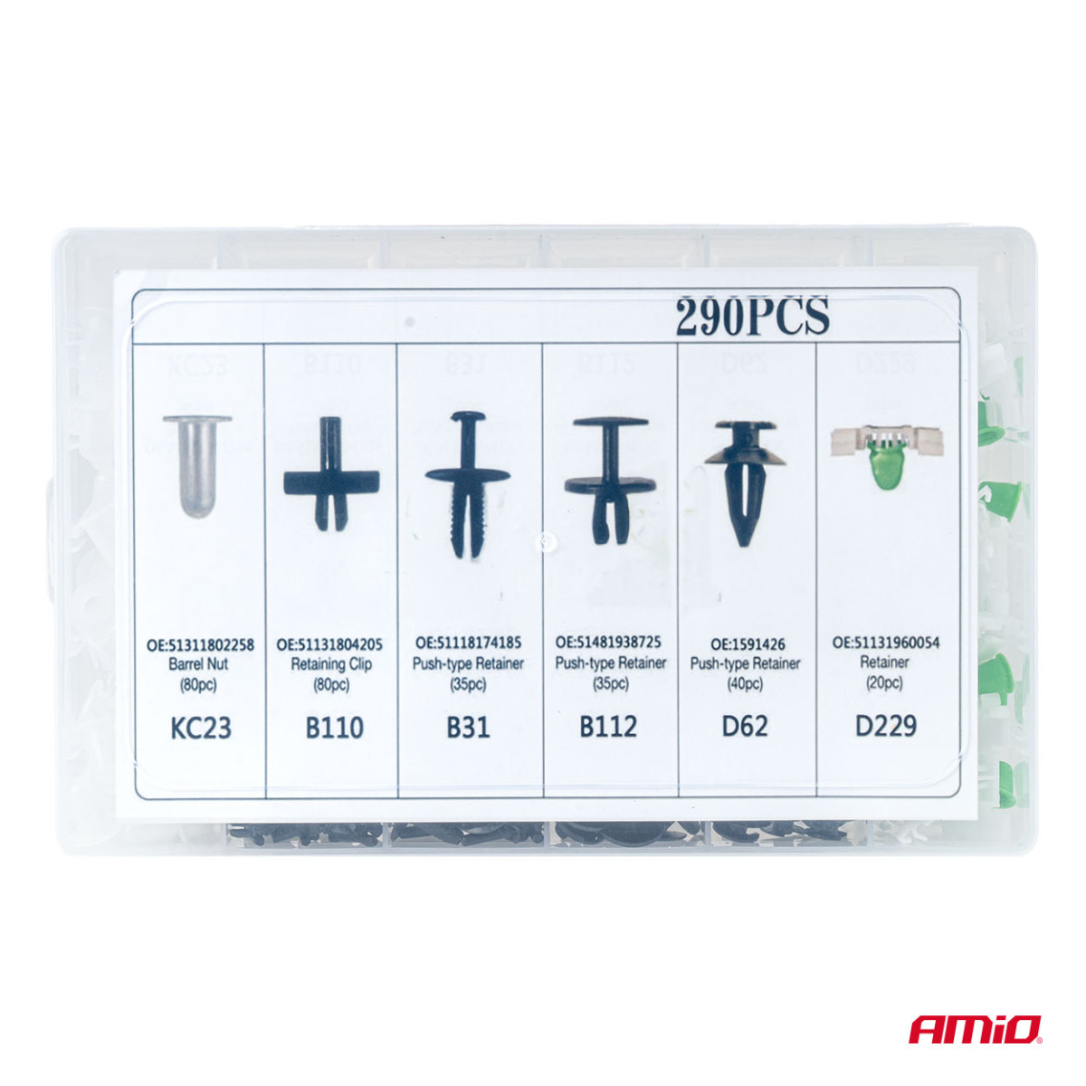 Automotive mounting pins and clips set, 290 pcs. AMIO-04742