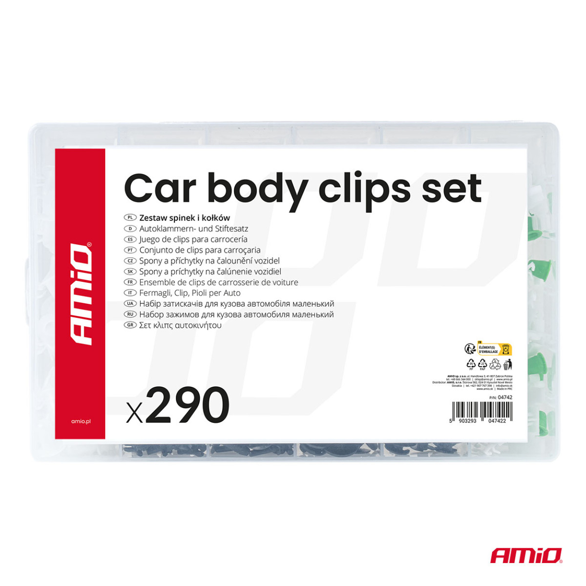 Automotive mounting pins and clips set, 290 pcs. AMIO-04742