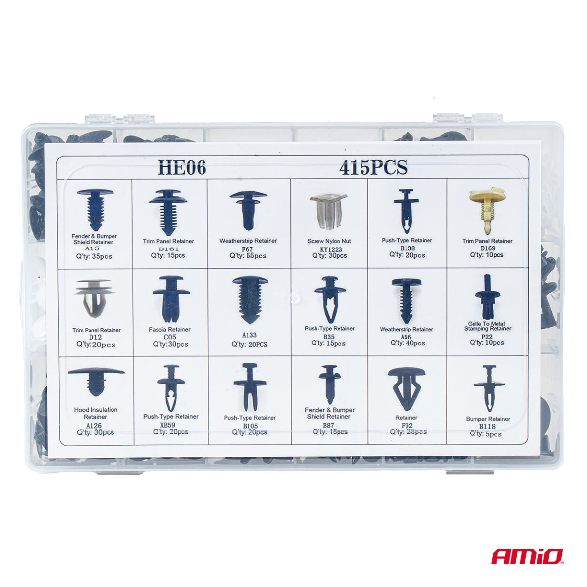 Automotive mounting pins and clips set, 415 pcs. AMIO-04738