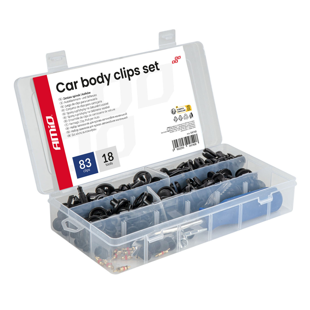 Automotive fixing pins and clips set with tools, 83+18 pcs. AMIO-04740