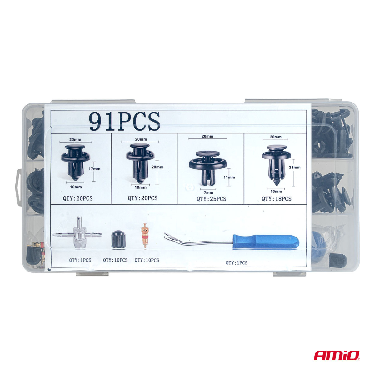 Automotive fixing pins and clips set with tools, 83+18 pcs. AMIO-04740