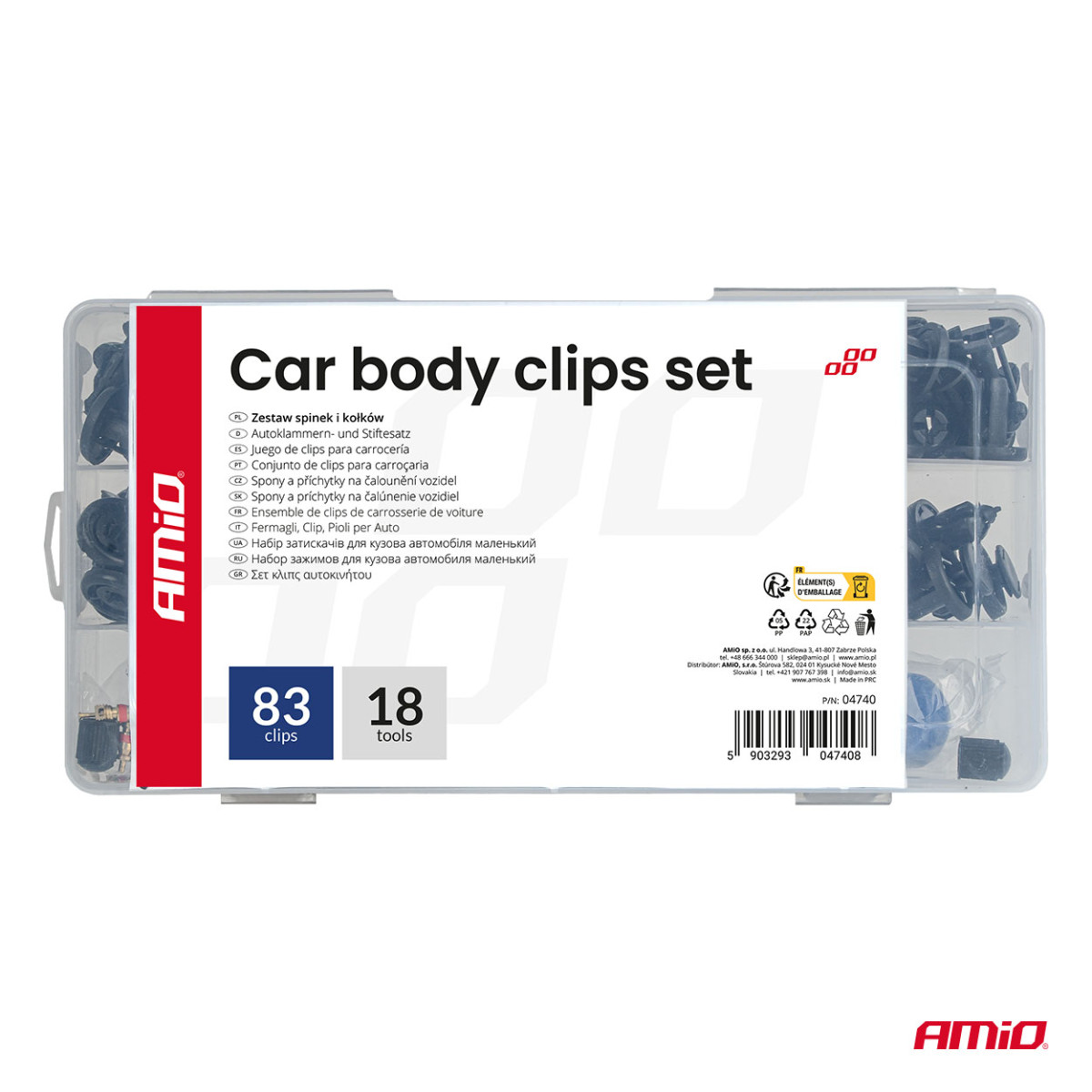 Automotive fixing pins and clips set with tools, 83+18 pcs. AMIO-04740