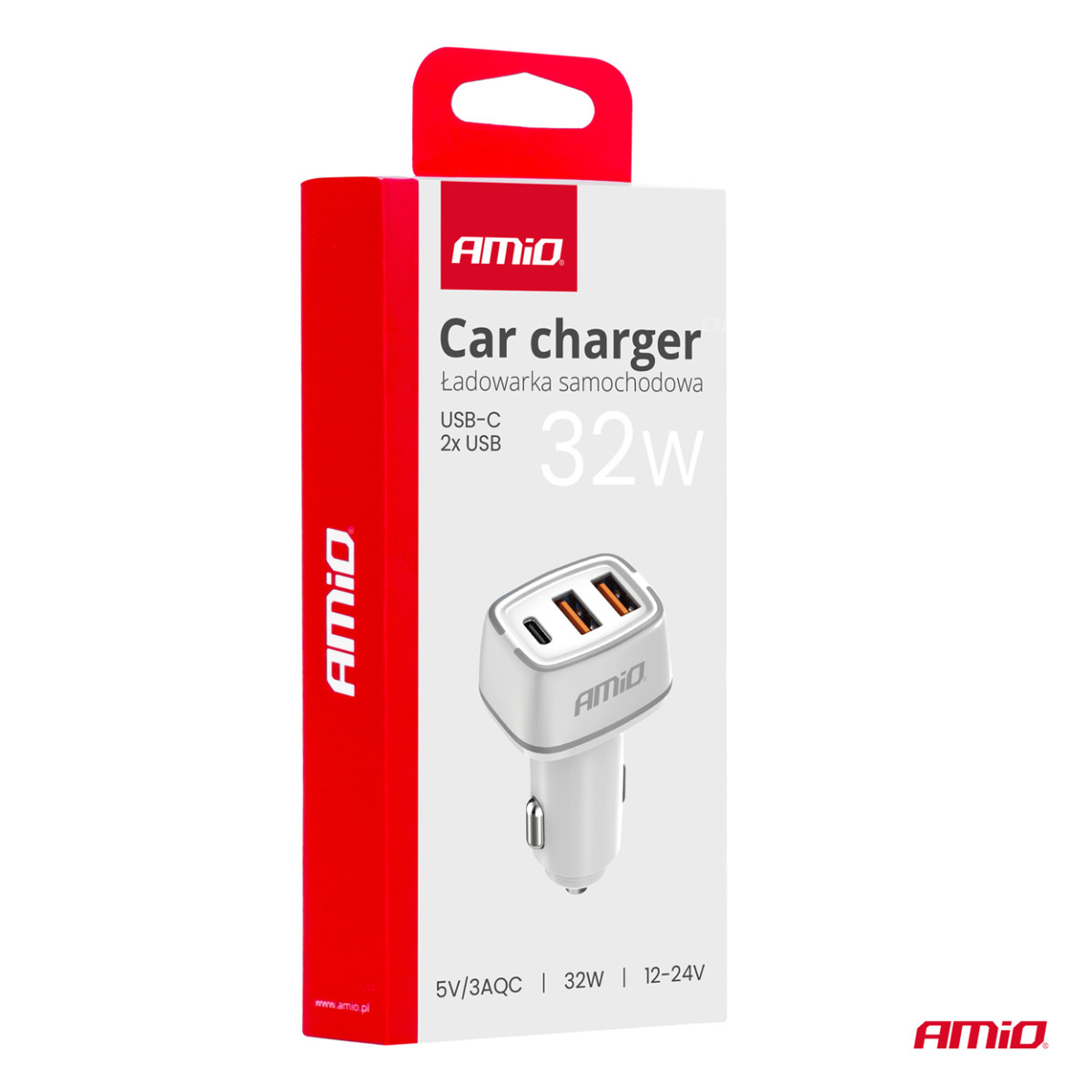 Car charger 2x USB-A + USB-C 32W 12/24V AMiO-03890