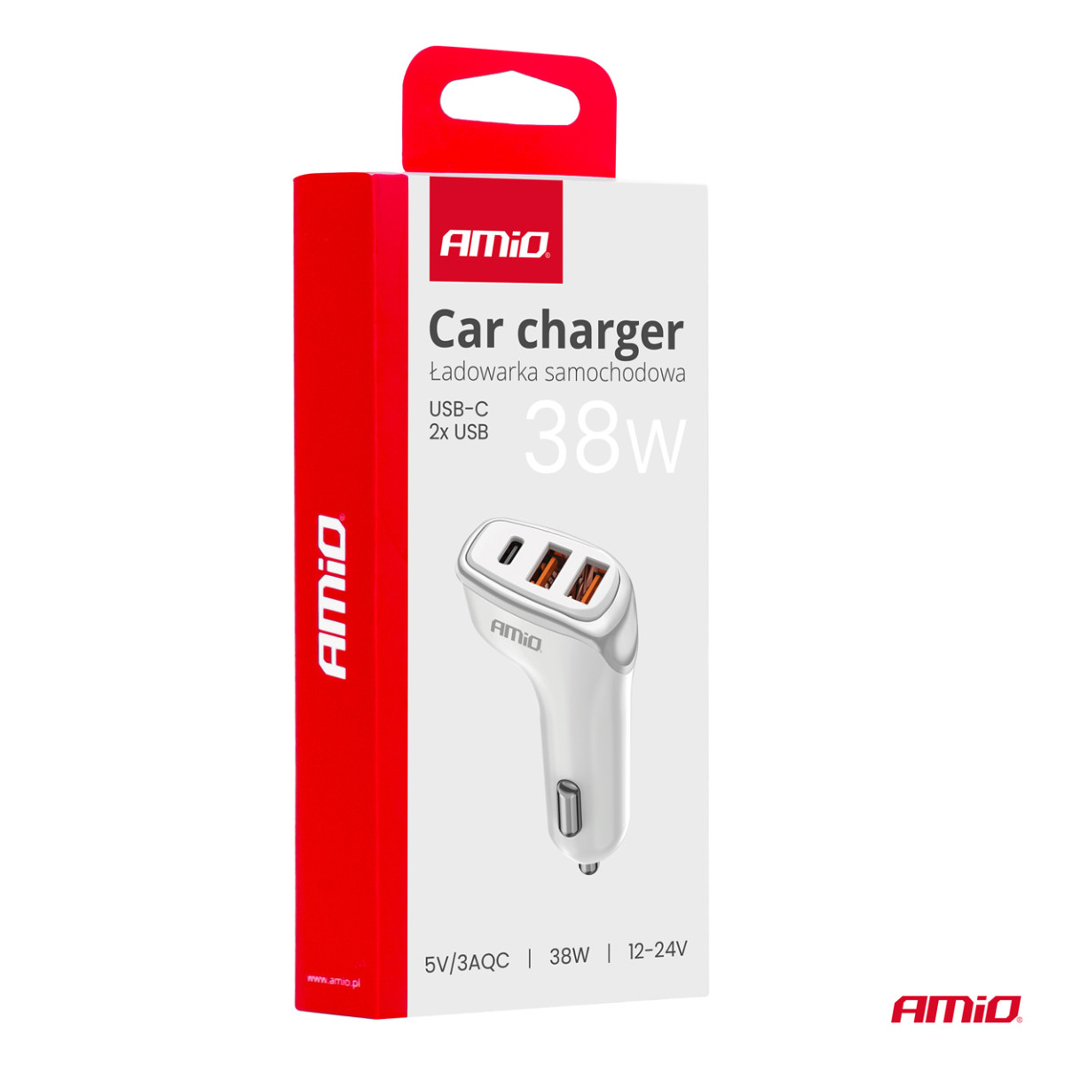 Car charger 2x USB-A + USB-C 38W 12/24V AMiO-03886