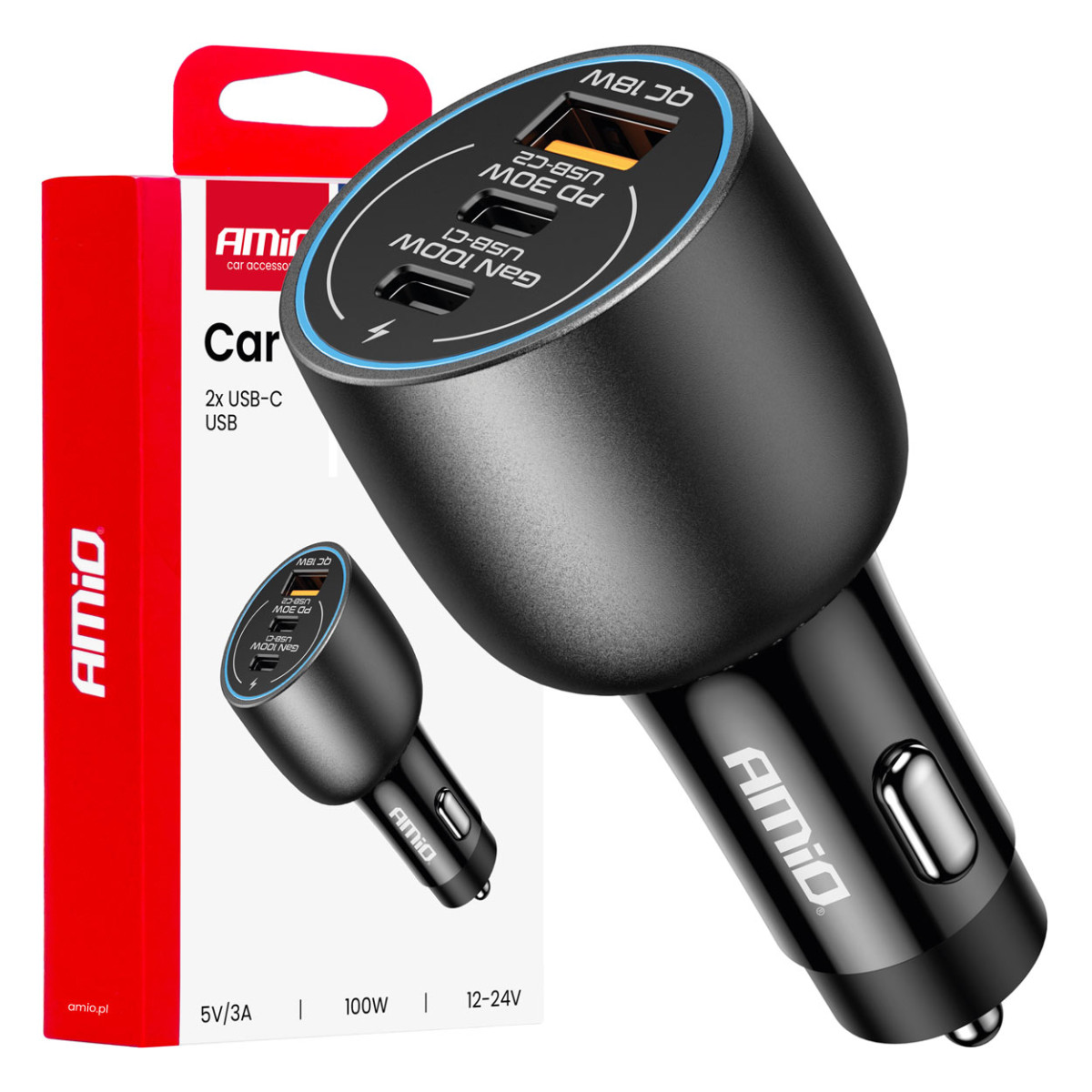 Car charger 2x USB-C + USB-A 12/24V 100W AMIO-04371