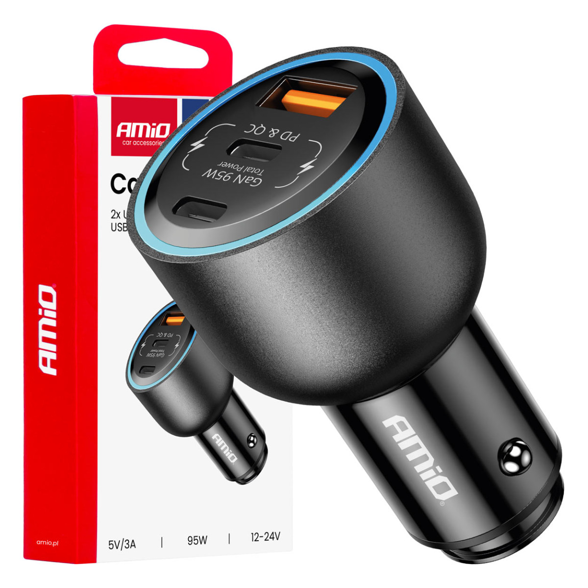Car charger 2x USB-C + USB-A 12/24V 95W AMIO-04372