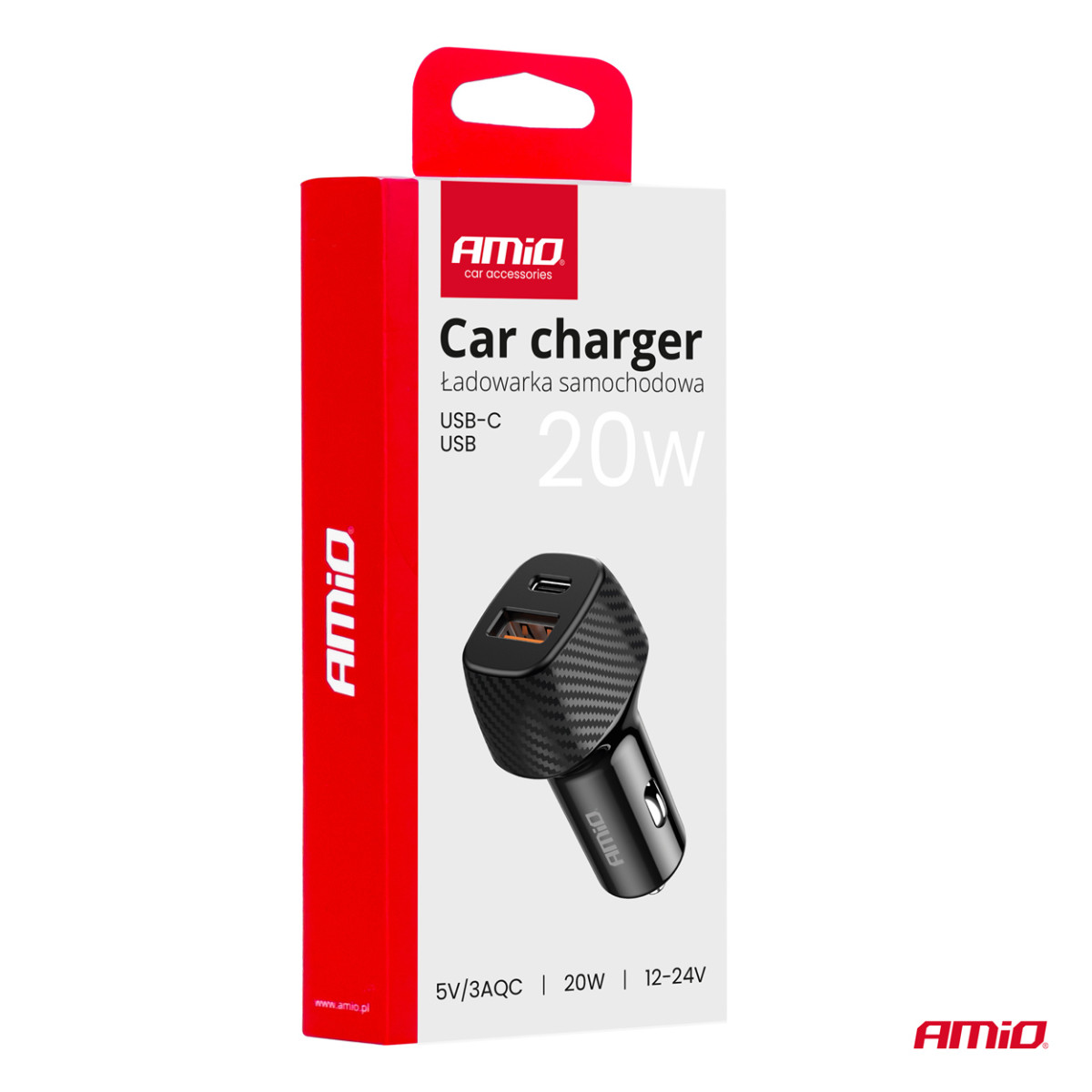Car charger QC+PD 20W USB-A + USB-C AMIO-04282