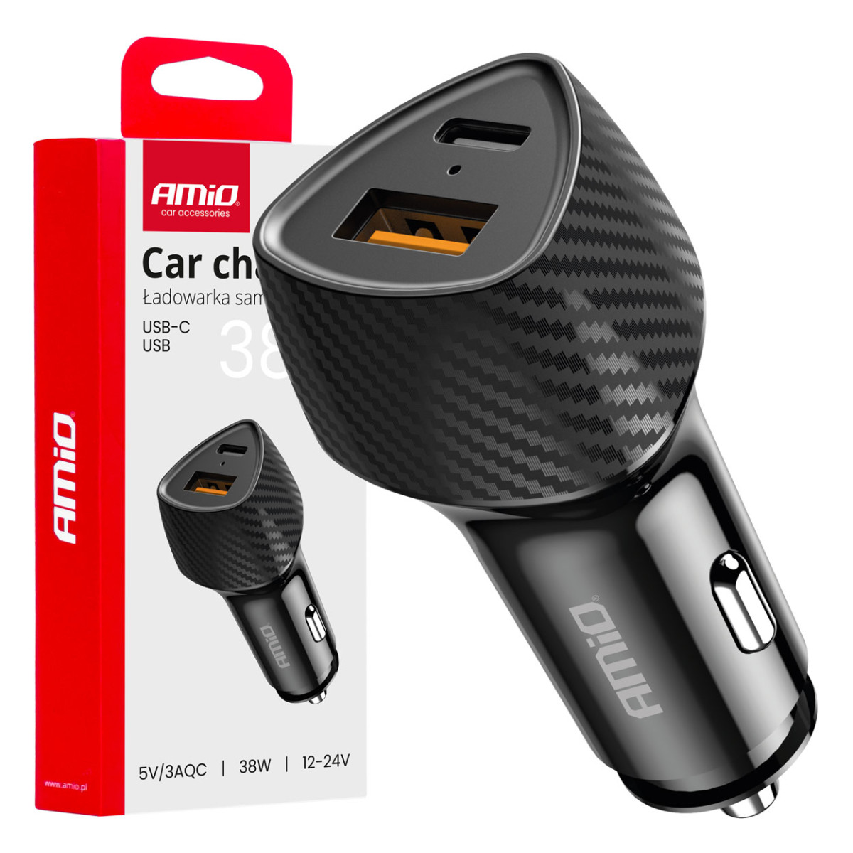 Car charger QC+PD 38W USB-A + USB-C AMIO-04283
