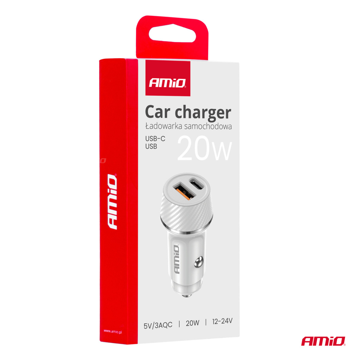 Car charger USB-A + USB-C 20W 12/24V AMiO-03878
