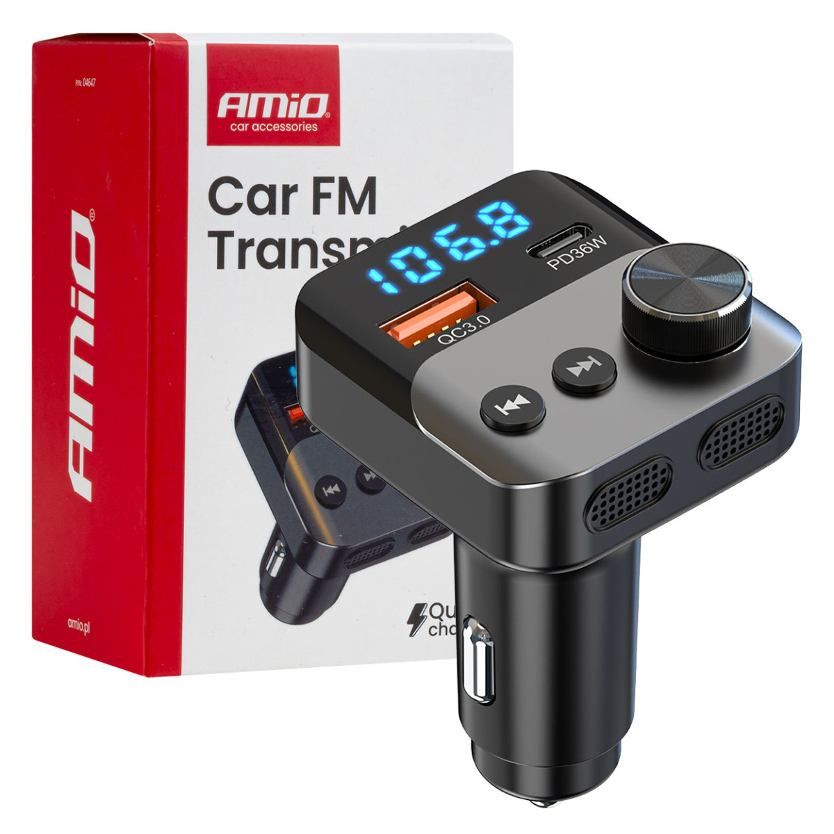 Car FM transmitter, 1×USB-A 1×USB-C 12V 24V AMIO-04647