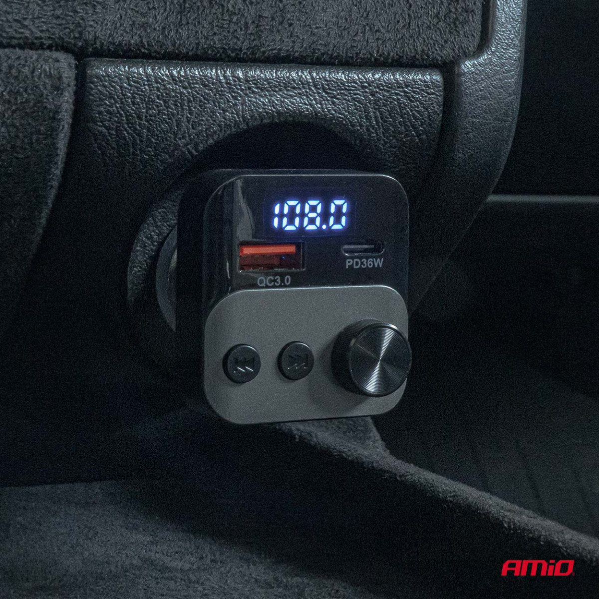 Car FM transmitter, 1×USB-A 1×USB-C 12V 24V AMIO-04647