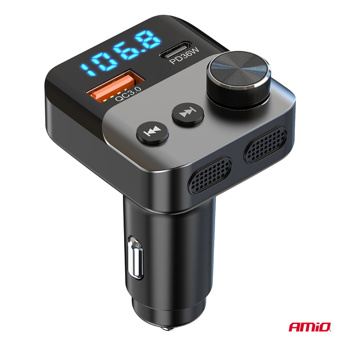 Car FM transmitter, 1×USB-A 1×USB-C 12V 24V AMIO-04647
