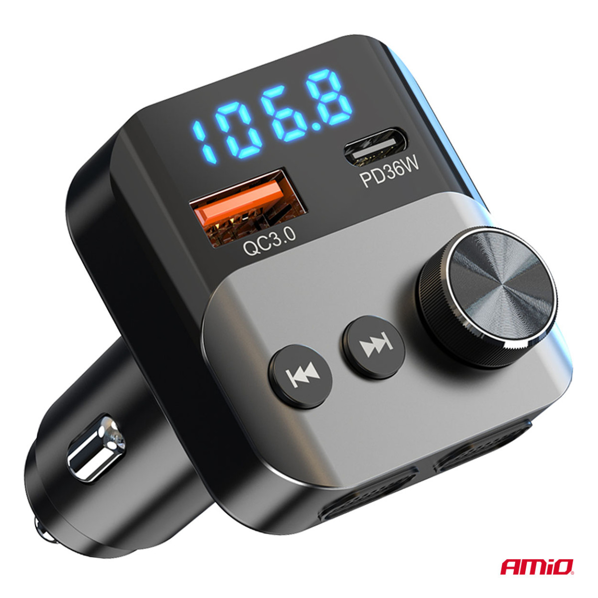 Car FM transmitter, 1×USB-A 1×USB-C 12V 24V AMIO-04647
