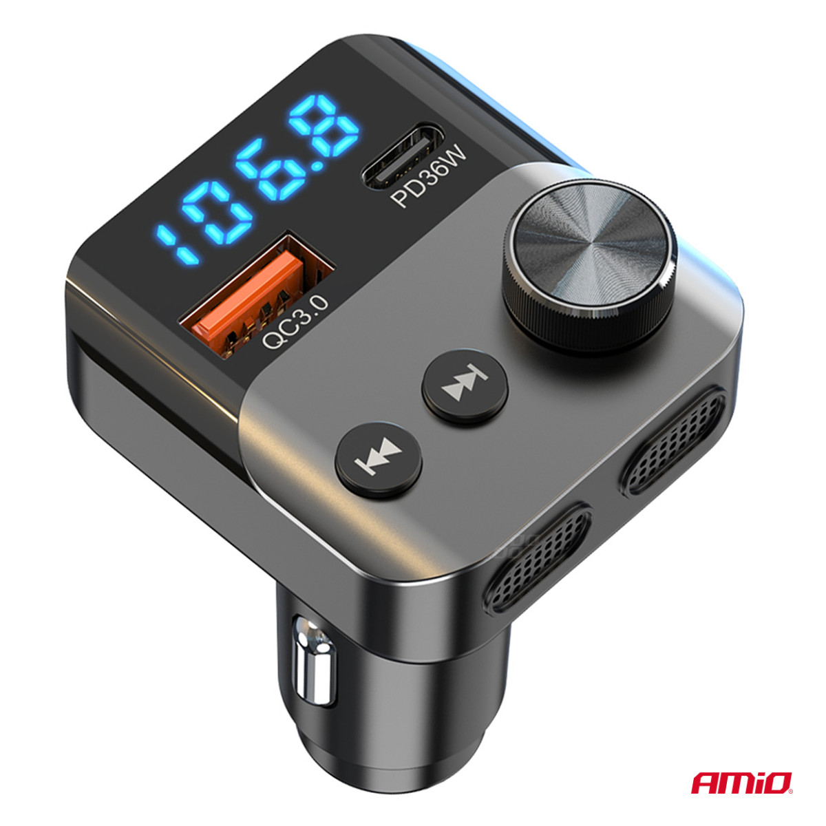 Car FM transmitter, 1×USB-A 1×USB-C 12V 24V AMIO-04647