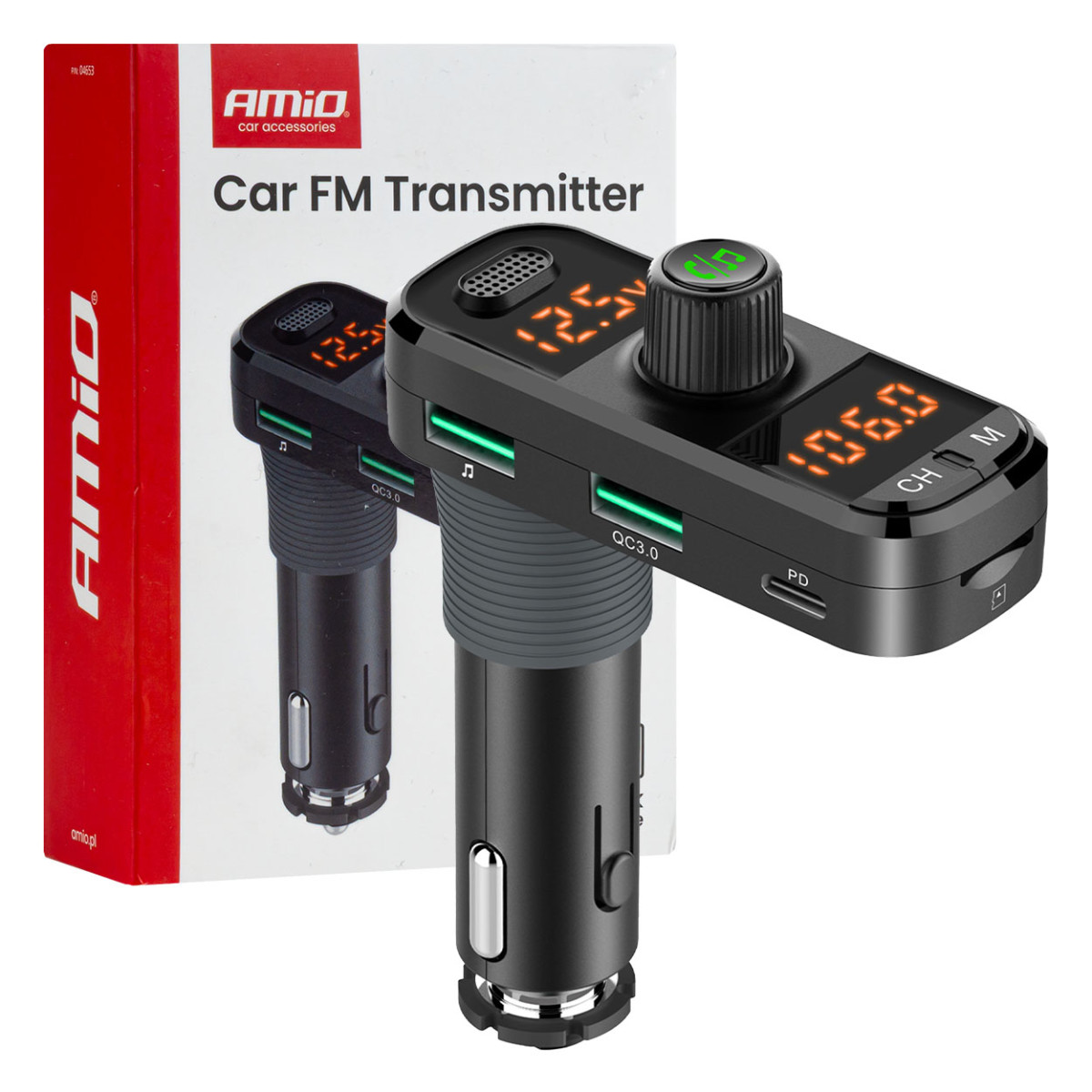 Car FM transmitter, 2×USB-A 1×USB-C microSD 12V 24V AMIO-04653